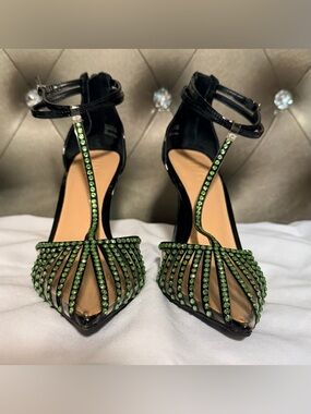 INC New Women's Black Ankle-Strap Heels with Green Crystal Accents
